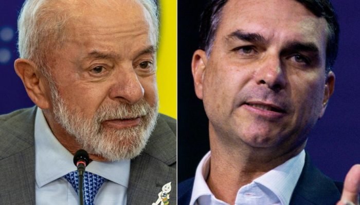 O presidente Lula (PT) e o pré-candidato do PL, Flávio Bolsonaro — Foto: Brenno Carvalho